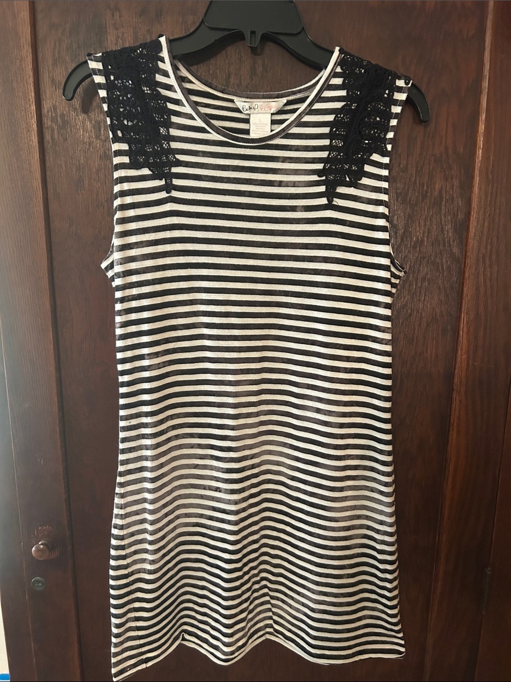 Candie's Black & White Striped Sleeveless Dress with Lace Shoulders